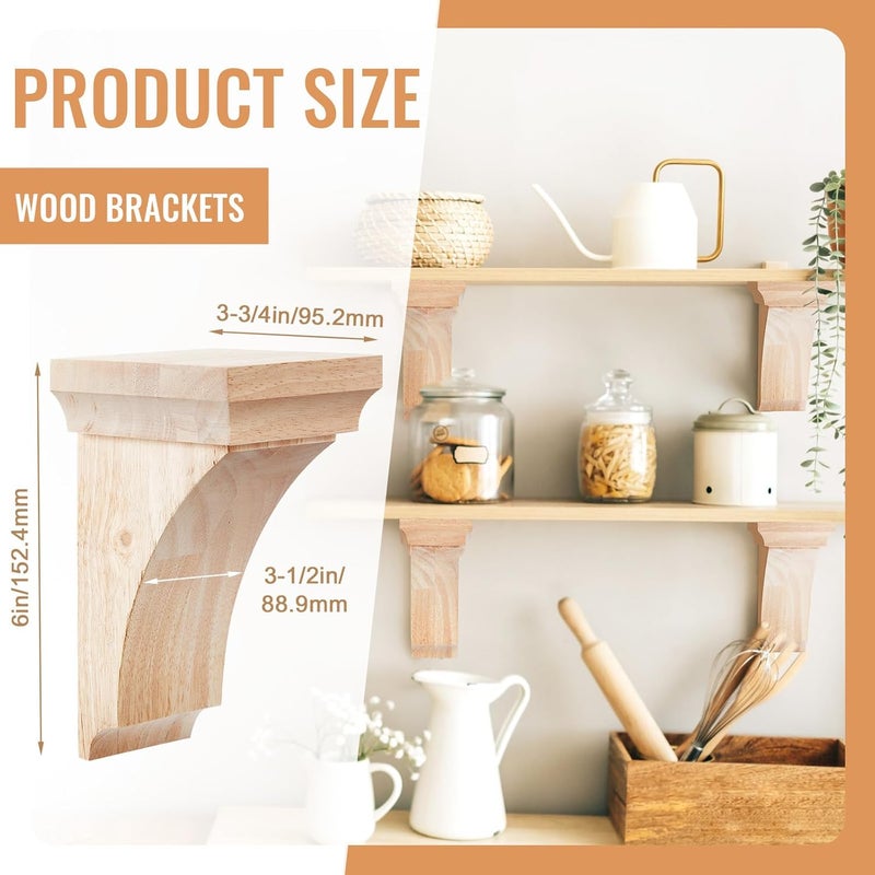 Vercraft 4 قطع 3 1/2" عرض × 3 3/4" عمق × 6" ارتفاع دعامات خشبية تقليدية رفوف خشبية غير مكتملة قابلة للدهان دعامات خشبية صلبة لدعم الأبواب والرفوف المنزلية والأثاث - Image 2